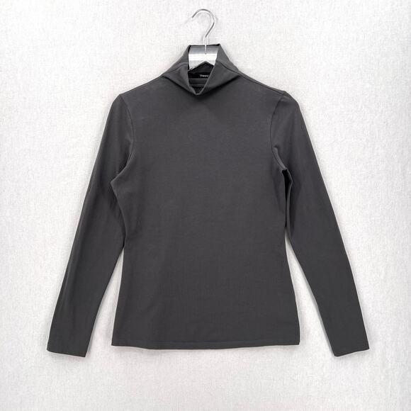 THEORY Slim Turtleneck Top Womens Medium Charcoal Gray Pima Cotton Knit Jersey - Picture 4 of 16